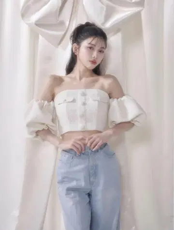 Darich 오프숄더 트위드 상의 화이트