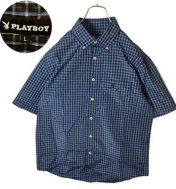 플레이보이 블루 계열 멀티 컬러 체크 셔츠 자수 로고 L 사이즈