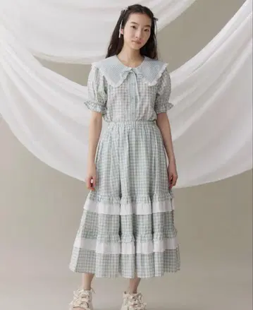 메리제니 깅엄 리본 블라우스 깅엄 레이스 플레어 스커트 세트