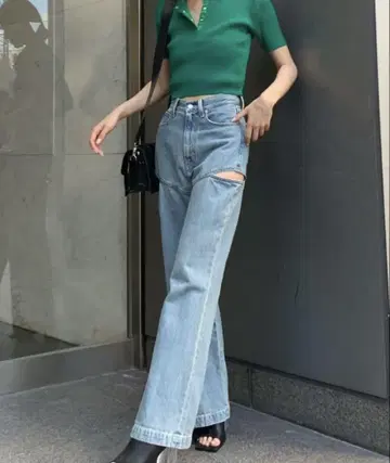 EVRIS 사이드 슬래시 플레어 데님 팬츠