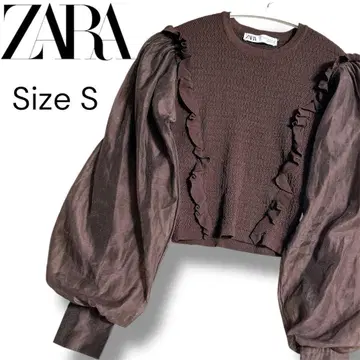 ZARA 브라운 프릴 벌룬 슬리브 크롭 니트 S 깔끔