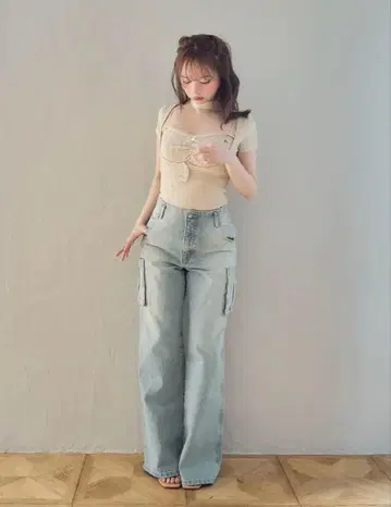 백 리본 데님 카고 팬츠 앤드 마리