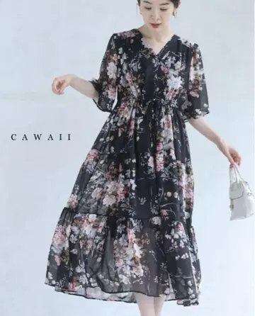 Cawaii 우아한 꽃이 만발한 시어 미디엄 원피스 블랙 S~2L 완판템