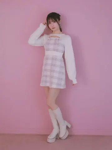 evelyn 리본 체크 타이트 OP 핑크