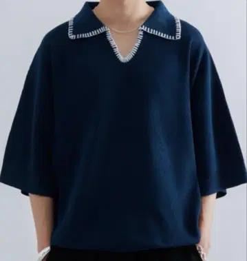 SINSS 스티치 니트 피케 셔츠 블루