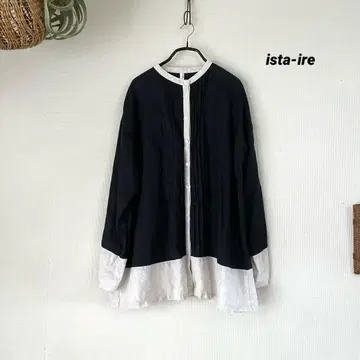 ista-ire 린넨 배색 블라우스 핀턱 린넨 100% 노카라 블랙