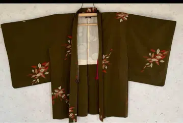 앤티크 순수 실크 겉옷 꾀꼬닥새색 잎 무늬 올리브 그린 꽃무늬 자수 겉옷