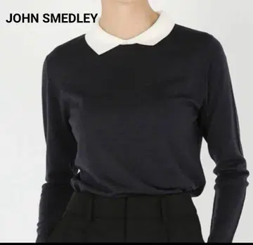 JOHN SMEDLEY 화이트 카라 긴팔 스웨터 네이비 옷깃 아이보리