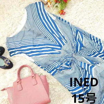 INED 원피스 (XL) 화이트/파랑/보더/사이드 포켓/리본