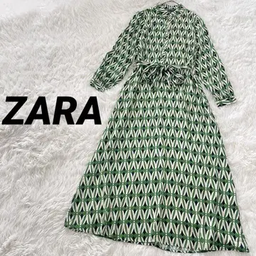 자라 ZARA 롱 셔츠 원피스 올 패턴 S 허리 리본 골드 버튼 그린