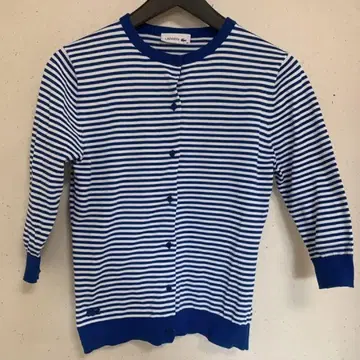 LACOSTE 블루 화이트 스트라이프 7부 소매 가디건