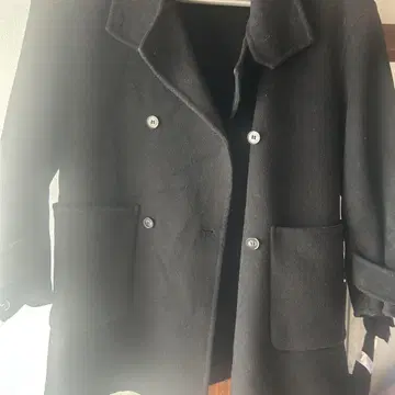 블랙 더블 브레스트 코트 울 혼방