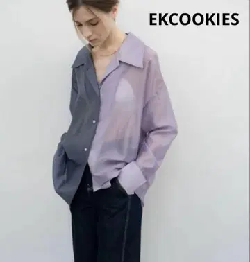 EKCOOKIES 바이컬러 비대칭 시어 오버 셔츠 퍼플