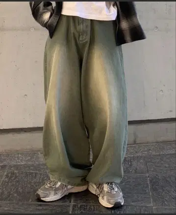 카키 와이드 데님 팬츠
