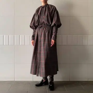 택 포함 새상품 HYKE 벌룬 슬리브 셔츠 드레스 개더 체크 1