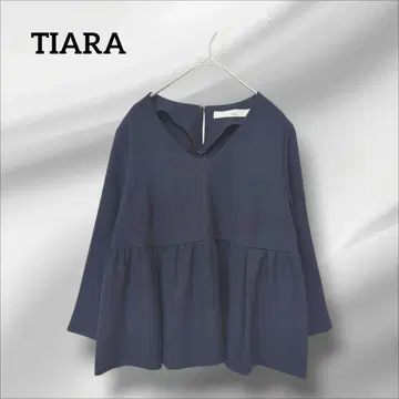 티아라 긴팔 블라우스 네이비 페플럼 스타일 플레어 7부 소매