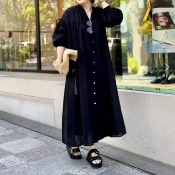 RIVE DROITE 코튼 린넨 개더 셔츠 원피스