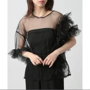 비대칭 시어 튤 레이스 프릴 블라우스 시어 탑