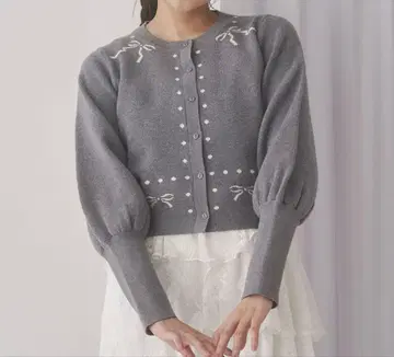 ribbon dot 퍼프 슬리브 가디건 그레이