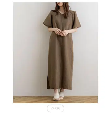 NOAHL 브라운 V넥 롱 원피스 반팔