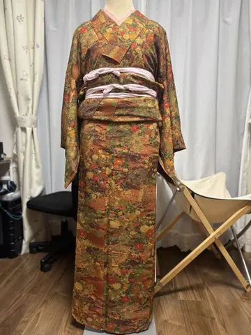 [긴 길이] 차분한 가을 풀꽃 무늬의 이중 기모노 코몬