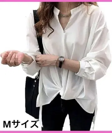 한정판 1점 화이트 셔츠 블라우스 긴팔 드레이프 디자인 M 사이즈