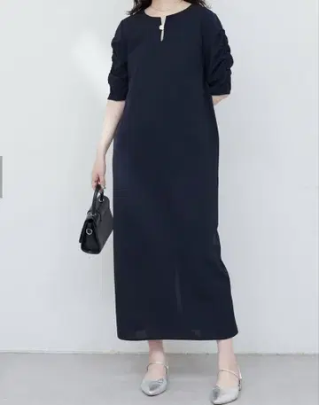 벨트 포함 볼륨 소매 스트레치 원피스