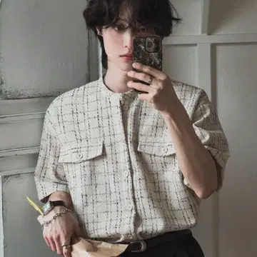 NOWLE 루프 트위드 체크 하프 셔츠 화이트