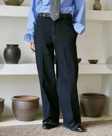 다크 데님 와이드 레그 팬츠 프린지 밑단