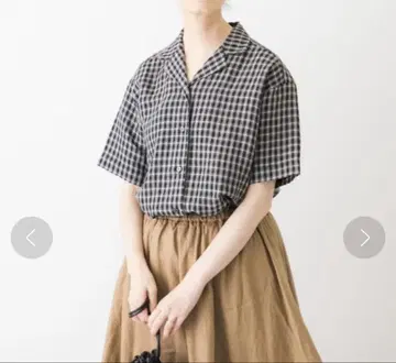카구레 kagure 린넨 레이온 오픈 카라 셔츠 체크 새상품급