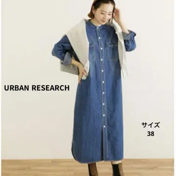 어반 리서치 인디고 데님 셔츠 원피스 밴드 카라 긴팔