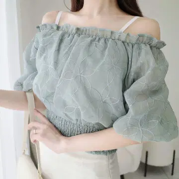꽃무늬 블라우스 오프숄더 블라우스 벌룬 소매 뒷 리본