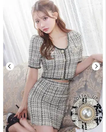 펄 버튼 믹스 트위드 반팔 타이트 미니 셋업