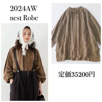 2024AW 네스트로브 린넨 천연 염색 레이스 타이 셔츠 블라우스