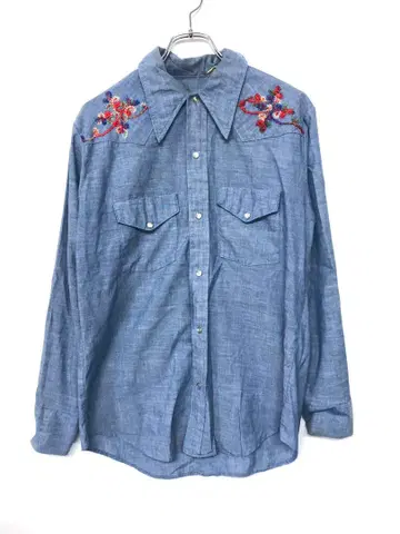 올드 아메카지 구제 의류 뾰족한 옷깃 자수 샴브레이 웨스턴 셔츠