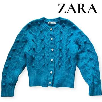 레어 ZARA 니트 가디건 S 블루그린 폼폼 펄 버튼