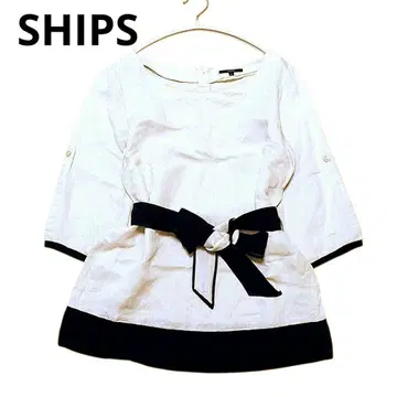 SHIPS 바이컬러 블라우스 셔츠 린넨 5부 소매 M 리본 포함 린넨