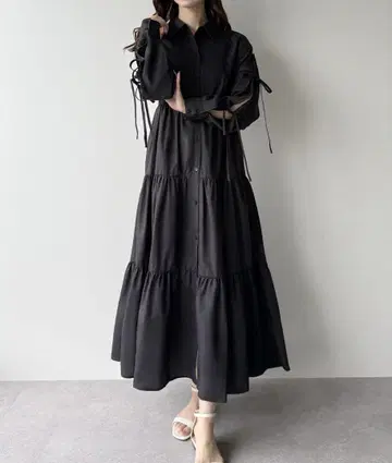 소매 리본 티어드 셔츠 원피스