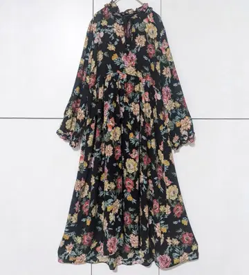자라 ZARA 롱 원피스 꽃무늬 루즈핏 오버 사이즈 리본 프릴 블랙