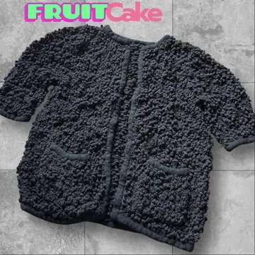 fruits cake 폼폼 텍스처 가디건 블랙 5부 소매 볼레로 Y2K