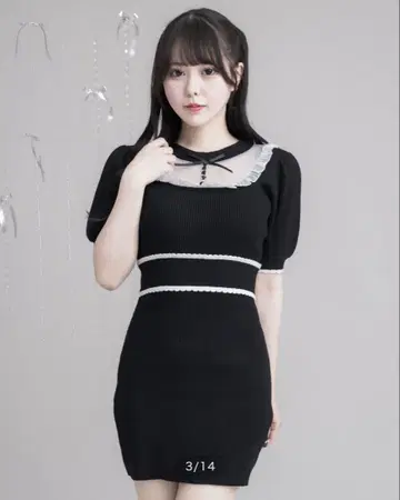 pium 튤 프릴 도리 니트 퍼프 원피스