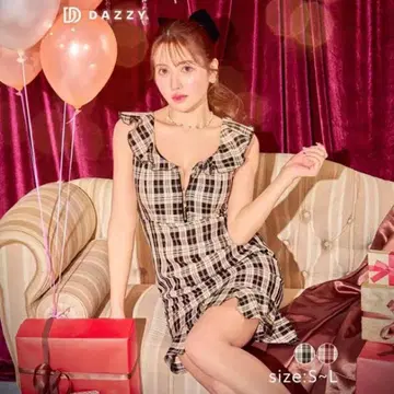 Dazzy 깅엄 체크 프론트 지퍼 프릴 머메이드 미니 드레스 S