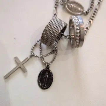 실버 크로스 메달 목걸이 더블 링 2way