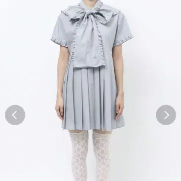 메리제니 BIG 리본 프릴 칼라 미니 원피스 스카이블루 블루 플리츠