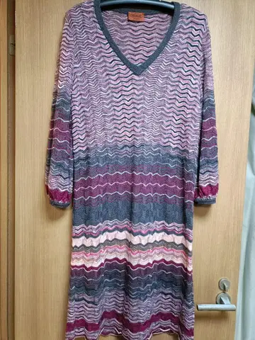빅 사이즈 MISSONI 멀티 컬러 니트 긴팔 V넥 원피스