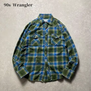 90s Wrangler 체크 웨스턴 플란넬 셔츠 긴팔 그린 블루 플란넬