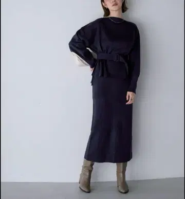 ur's 유어즈 밀라노 리브 니트 셋업 보트넥 벨트 포함