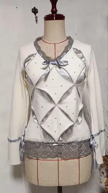 Y2K 페어리 그런지 레이스 새틴 리본 니트 발레코어