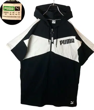PUMA 하프 지퍼 풀오버 반팔 티셔츠 후드티 블랙 x 화이트 루즈핏