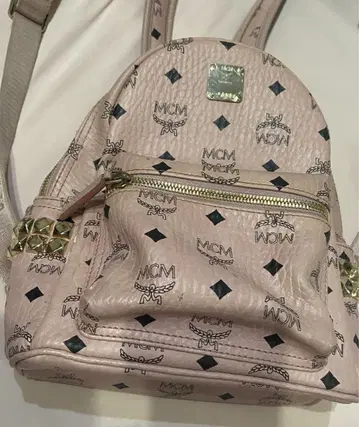 MCM 핑크 로고 프린트 백팩